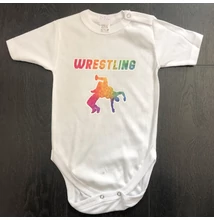 Baba-body, pamut fehér - 2-3 év - Wrestling dobós színes mintával - Színes - Rövid ujjas