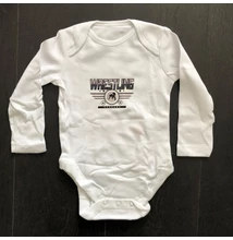 Baba-body, pamut fehér - 9-12 hó - Wrestling 3 csíkos mintával - szürke - Hosszú ujjas