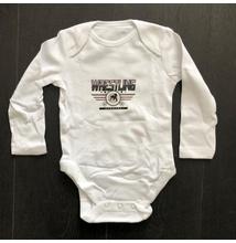 Baba-body, pamut fehér - 9-12 hó - Wrestling 3 csíkos mintával - szürke - Hosszú ujjas
