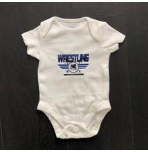 Baba-body, pamut fehér - 0-3 hó - Wrestling 3 csíkos mintával - kék - Rövid ujjas