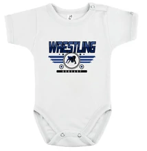 Baba-body, pamut fehér - Wrestling 3 csíkos - Kék mintával - KÜLÖNBÖZŐ UJJHOSSZÚSÁGBAN