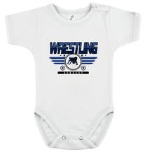 Baba-body, pamut fehér - Wrestling 3 csíkos - Kék mintával - KÜLÖNBÖZŐ UJJHOSSZÚSÁGBAN