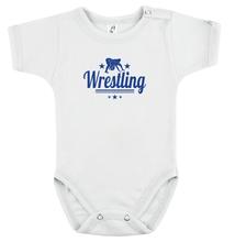 Baba-body, pamut fehér - Wrestling 2 csíkos csillagos - kék mintával - KÜLÖNBÖZŐ UJJHOSSZÚSÁGBAN