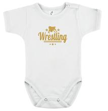 Baba-body, pamut fehér - Wrestling 2 csíkos csillagos - arany mintával - KÜLÖNBÖZŐ UJJHOSSZÚSÁGBAN