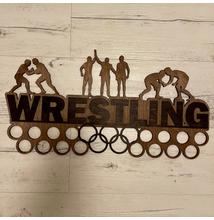 Fali Éremakasztó Fából - WRESTLING - karikás (középbarna alapon, sötétbarna) 46x24 cm