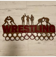 Fali Éremakasztó Fából - WRESTLING - karikás (középbarna alapon, bordó) 46x24 cm