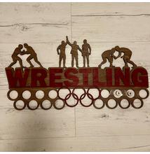 Fali Éremakasztó Fából - WRESTLING - karikás (középbarna alapon, bordó) 46x24 cm