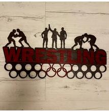 Fali Éremakasztó Fából - WRESTLING - karikás (sötétbarna alapon, bordó) 46x24 cm