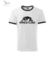 Férfi póló, fekete ujjú - wrestling mintával - fehér, fekete