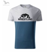 Férfi póló - wrestling mintával - szürke-kék