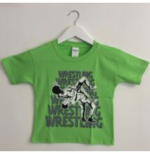 Gyerek póló - Hatsoros szürke wrestling felirattal dobós mintával - zöld pólón