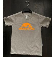Gyerek póló - Wrestling felirattal narancssárga összekapaszkodós mintával - szürke pólón