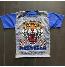 Férfi, gyerek technikai póló (rashguard) - tigrises mintával - kék pólón