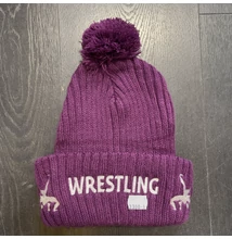 Téli bojtos kötött lila, fehér wrestling felirattal