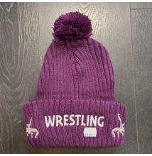 Téli bojtos kötött lila, fehér wrestling felirattal