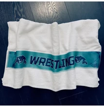  Közepes törölköző (70x140) - Wrestling felirattal - fehér, türkíz, anyagában nyomott mintával