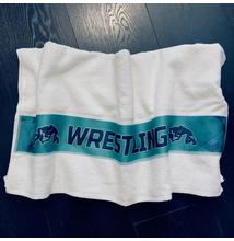  Közepes törölköző (70x140) - Wrestling felirattal - fehér, türkíz, anyagában nyomott mintával