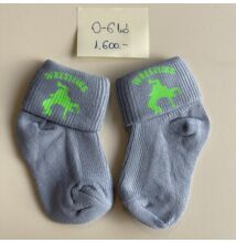 Baba zokni - neon zöld dobós mintával - világoskék zoknin (0-6hó)
