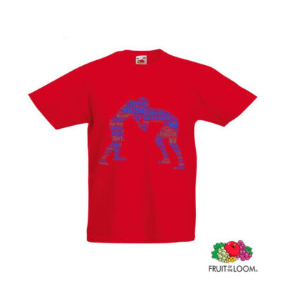Gyerek póló - Összekapaszkodós kék szavas mintával - piros pólón