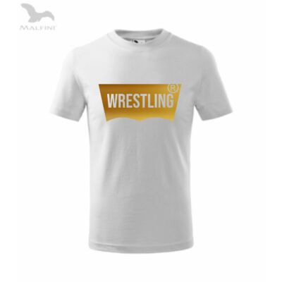 Férfi póló - wrestling vágott - fehér, fényes aranyból