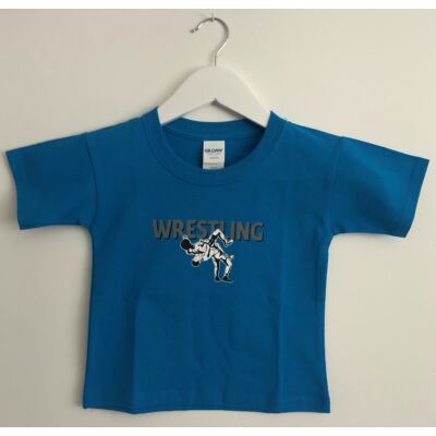 Gyerek póló - Wrestling összekapaszkodós szürke dobós mintával - kék pólón