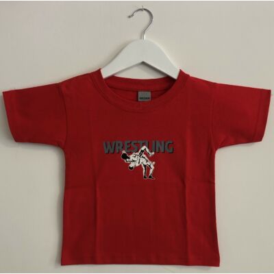 Gyerek póló - Wrestling összekapaszkodós szürke dobós mintával - piros pólón