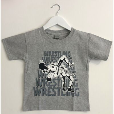 Gyerek póló - Hatsoros szürke wrestling felirattal dobós mintával - szürke pólón