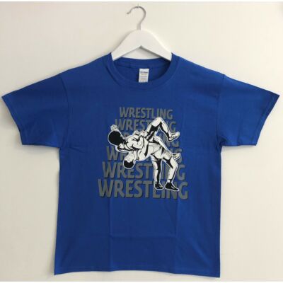 Gyerek póló - Wrestling hatsoros szürke dobós mintával - kék pólón