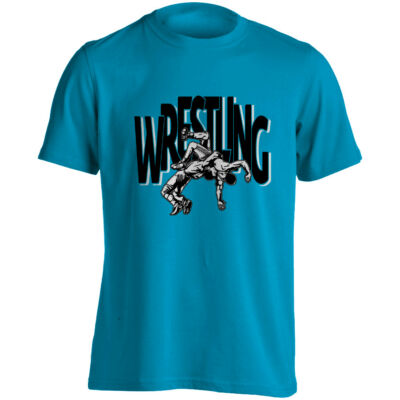 Gyerek póló - Nagy fekete wrestling felirattal dobós mintával - kék pólón
