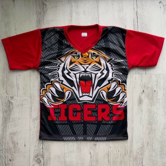Férfi technikai póló (rashguard) - tigrises mintával - piros pólón