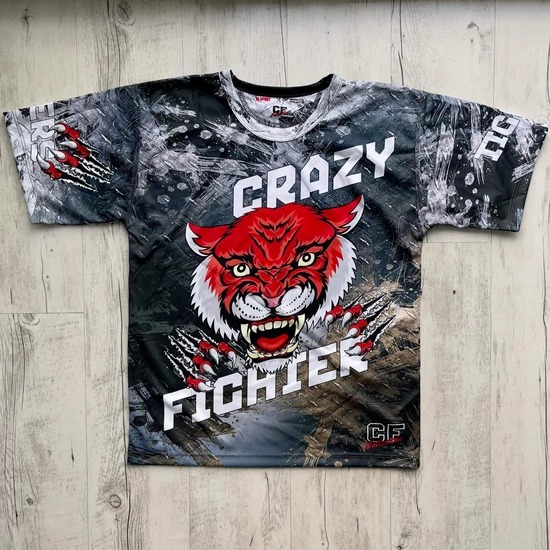 Férfi technikai póló (rashguard) - piros tigrises mintával - szürkés pólón