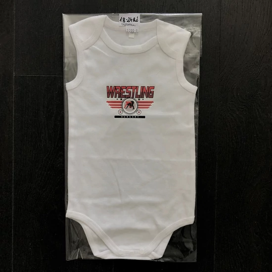 Baba-body, pamut fehér - 18-24 hó - Wrestling 3 csíkos mintával - piros - Ujjatlan