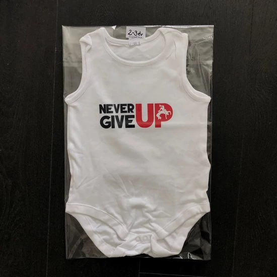 Baba-body, pamut fehér - 2-3 év - Never Give Up mintával - sötétkék-piros - Ujjatlan