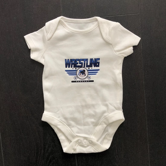 Baba-body, pamut fehér - 0-3 hó - Wrestling 3 csíkos mintával - kék - Rövid ujjas