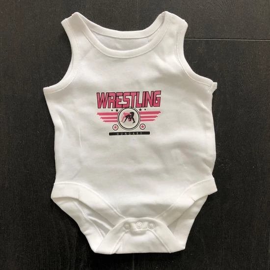 Baba-body, pamut fehér - 0-3 hó - Wrestling 3 csíkos mintával - rózsaszín - Ujjatlan Baba-body, pamut fehér - 0-3 hó - Wrestling 3 csíkos mintával - rózsaszín - Ujjatlan
