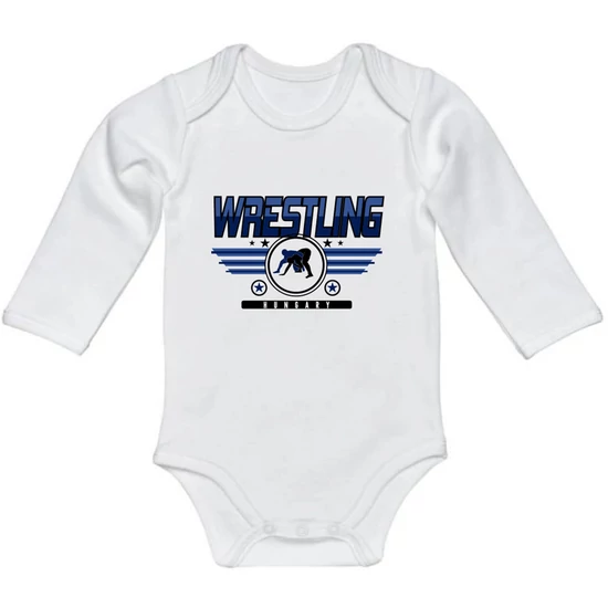 Baba-body, hosszú ujjas, pamut fehér sötétkék Wrestling mintával