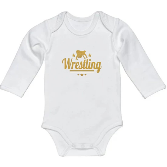 Baba-body, hosszú ujjas, pamut fehér-arany WRESTLING felirattal