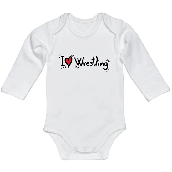 Baba-body, hosszú ujjas, pamut fehér I LOVE WRESTLING felirattal