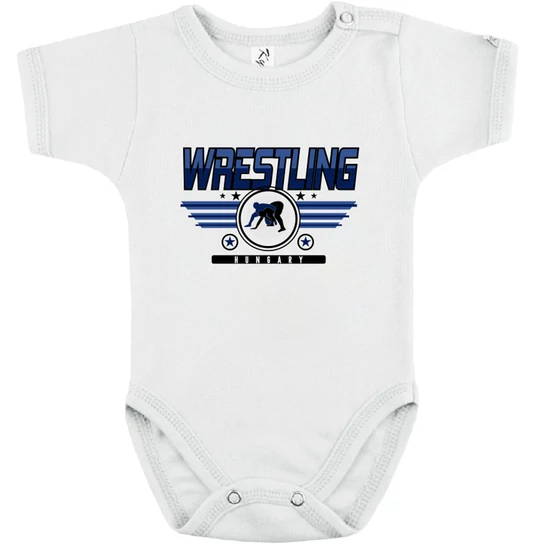 Baba-body, rövid ujjas, pamut fehér sötétkék Wrestling mintával