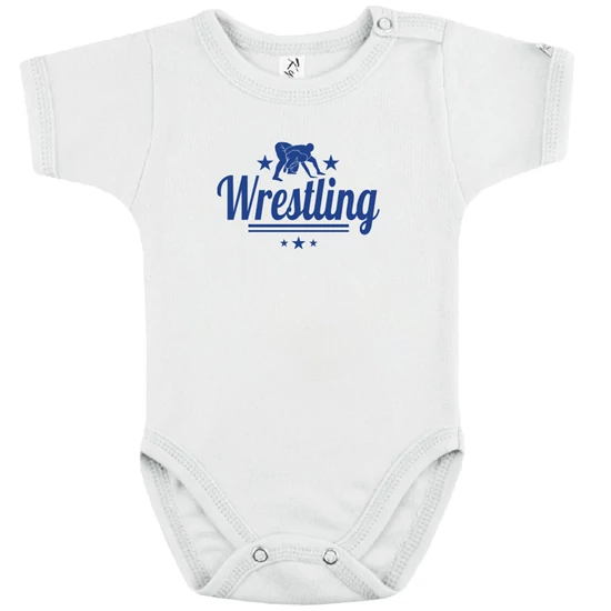 Baba-body, pamut fehér - Wrestling 2 csíkos csillagos - kék mintával - KÜLÖNBÖZŐ UJJHOSSZÚSÁGBAN