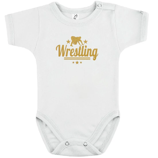 Baba-body, pamut fehér - Wrestling 2 csíkos csillagos - arany mintával - KÜLÖNBÖZŐ UJJHOSSZÚSÁGBAN