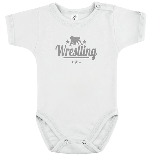 Baba-body, rövid ujjas, pamut fehér-ezüst WRESTLING felirattal