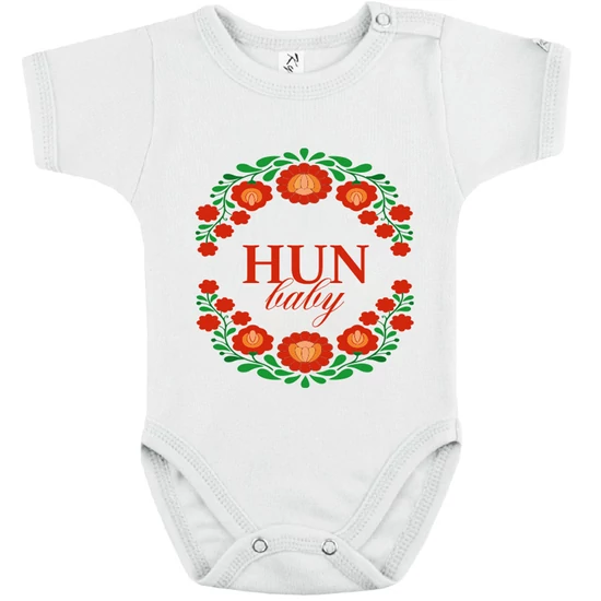 Baba-body, pamut fehér - HUN Baby - Piros, zöld mintával - KÜLÖNBÖZŐ UJJHOSSZÚSÁGBAN