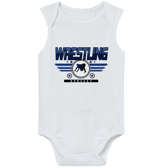 Baba-body, ujjatlan, pamut fehér sötétkék Wrestling mintával