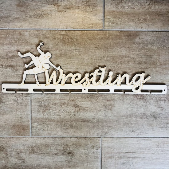 Fali Éremakasztó Fából -WRESTLING írott betűvel, egy soros, bézs (65x20cm)