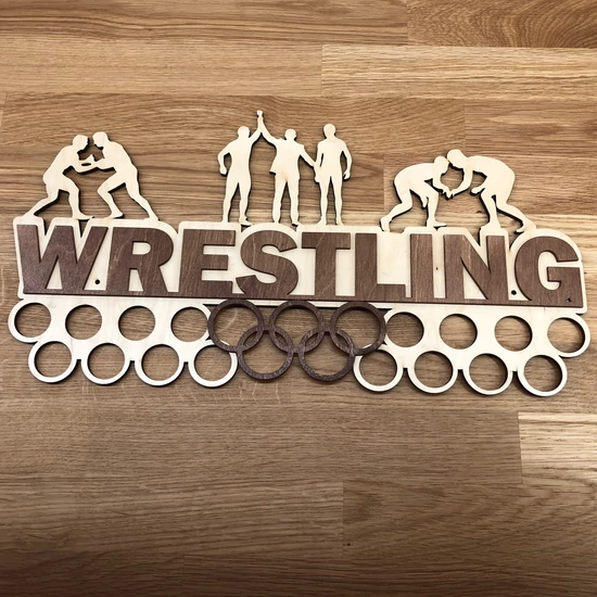 Fali Éremakasztó Fából - WRESTLING - karikás (bézs alapon, világosbarna) 46x24 cm
