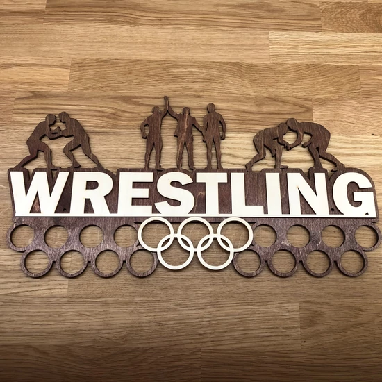 Fali Éremakasztó Fából - WRESTLING - karikás (világosbarna alapon bézs) 46x24 cm