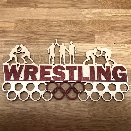 Fali Éremakasztó Fából - WRESTLING karikás (bézs alapon, bordó) 46x24 cm