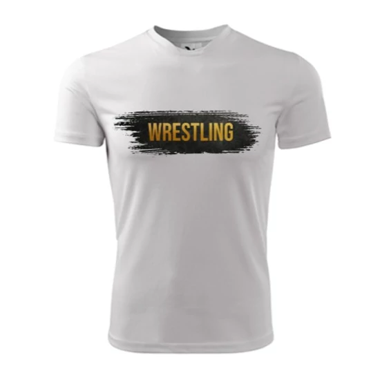 Férfi technikai póló - wrestling felirattal - fehér, arany- fekete