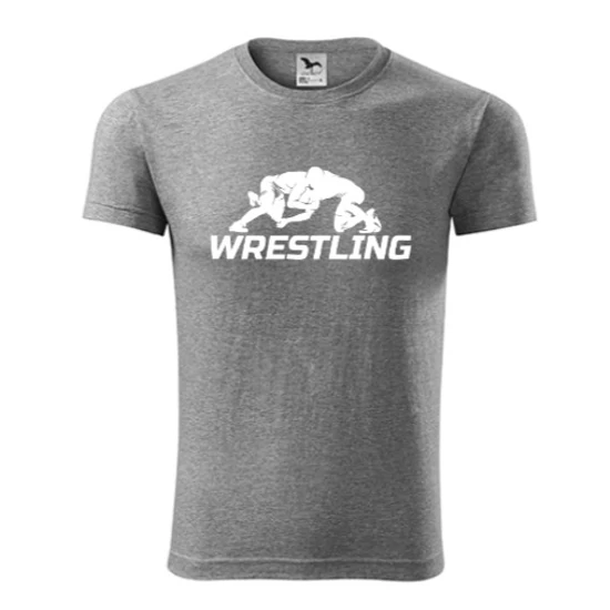 Férfi póló - wrestling mintával - szürke, fehér